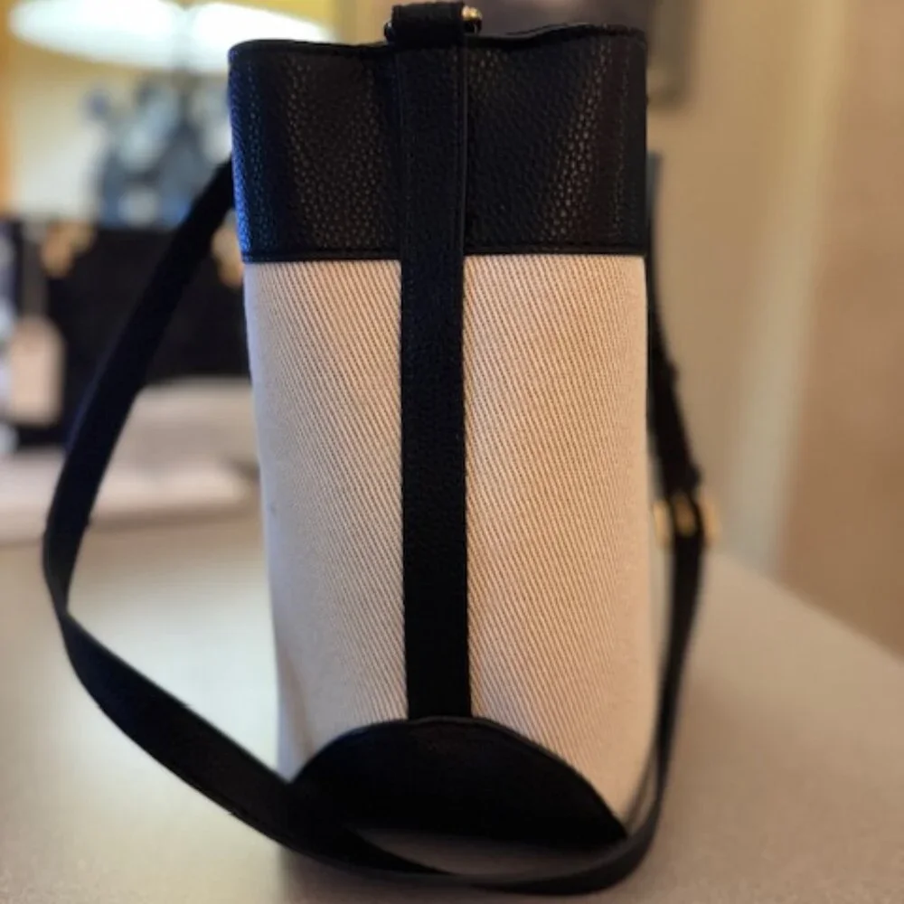 Nanette Lepore black leather and beige canvas shoulder handbag (#102) - Picture 4 of 8